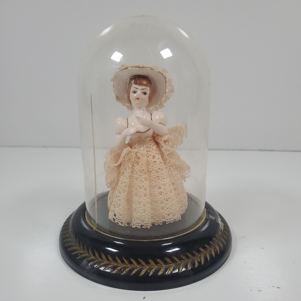 Vintage Porcelain Victorian-style Figurine Under Plastic Dome Made In Japan